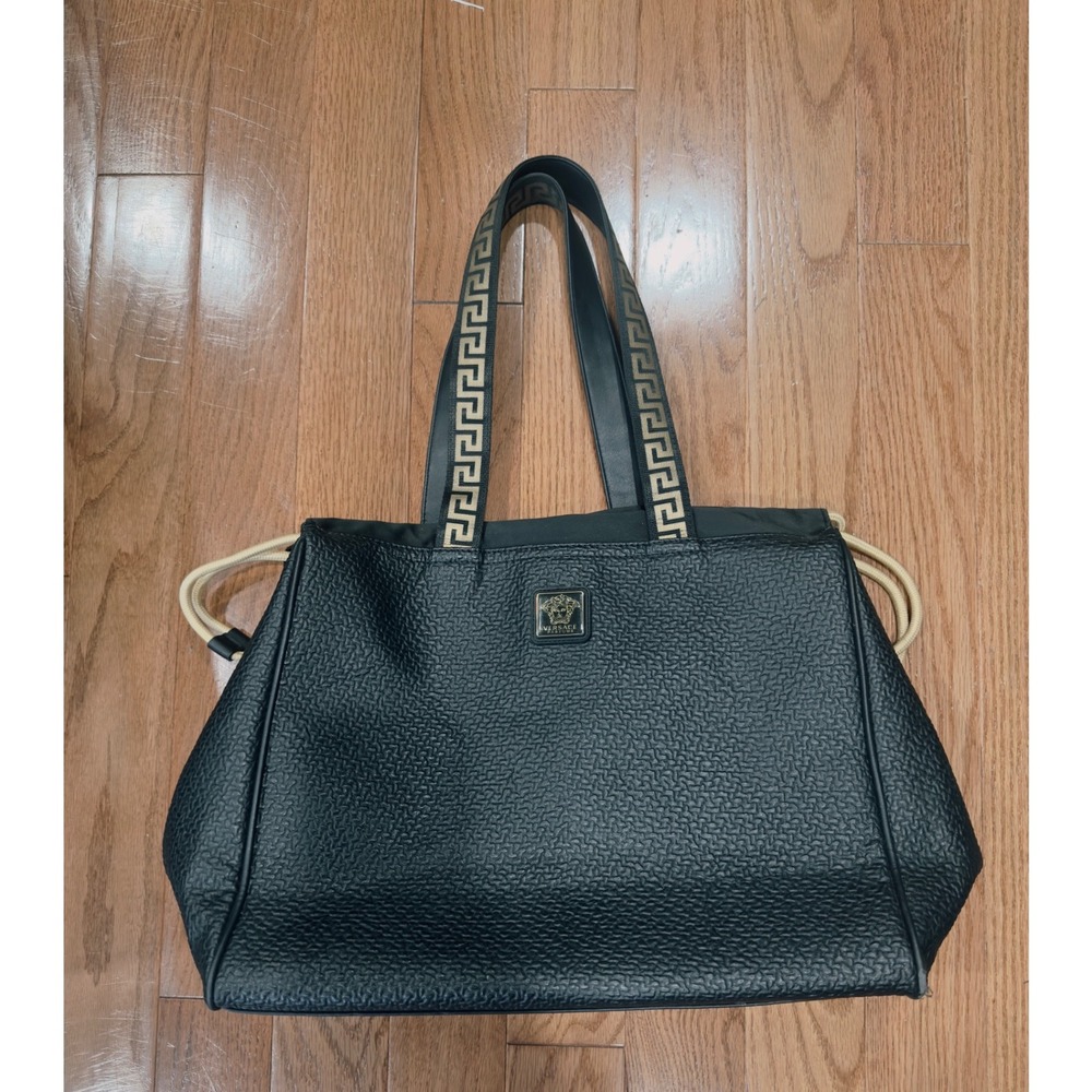 Versace Parfums Black Textured Tote Bag Greek Key Straps Medusa Logo Drawstring